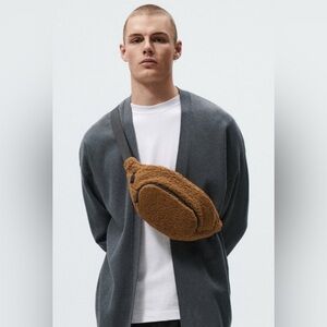 ZARA Man Camel Brown Faux Shearling Belt Bag , like new